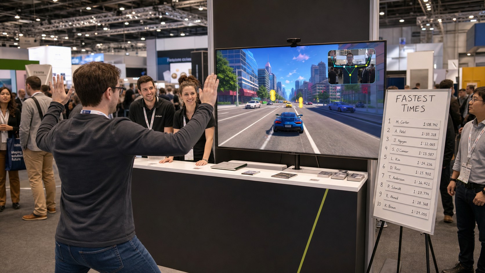 Busy exhibition stand with an attendee playing a motion-controlled branded game while staff and visitors watch
